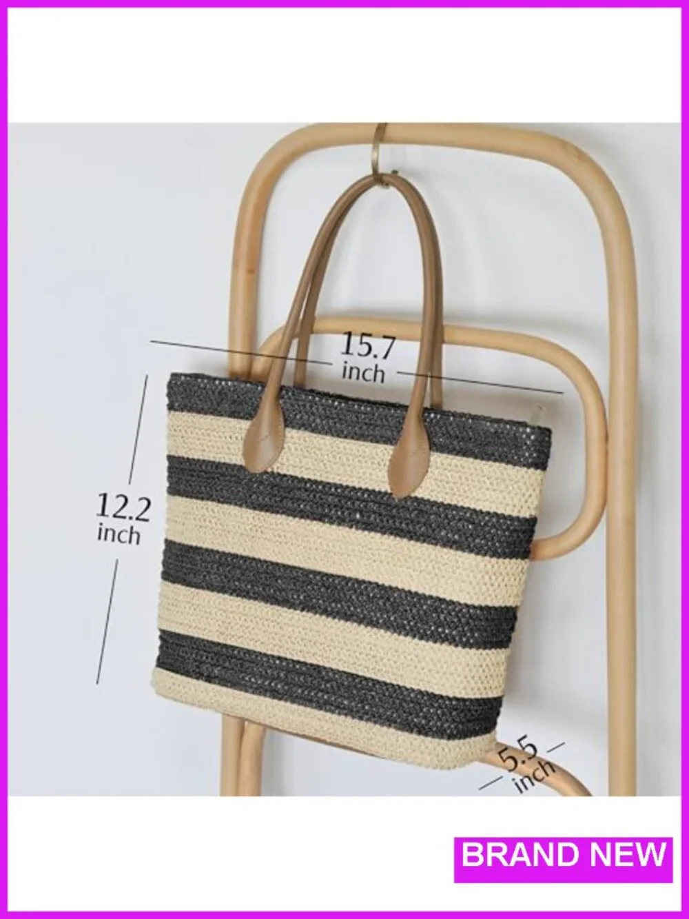 Striped Synthetic Straw Tote Lightweight Shoulder Handbag with Zipper